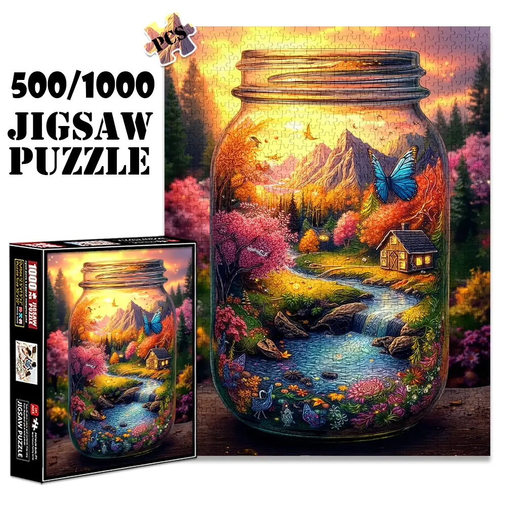 1pc 1000 piece adult puzzle 70x50cm Scenic Landscape in a Mason Jar with Butterfly, House and River 500 pieces of paper jigsaw puzzle, suitable for adults and families, large-scale DIY puzzle Crafts int