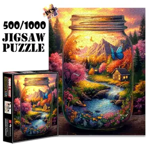 1pc 1000 piece adult puzzle 70x50cm Scenic Landscape in a Mason Jar with Butterfly, House and River 500 pieces of paper jigsaw puzzle, suitable for adults and families, large-scale DIY puzzle int