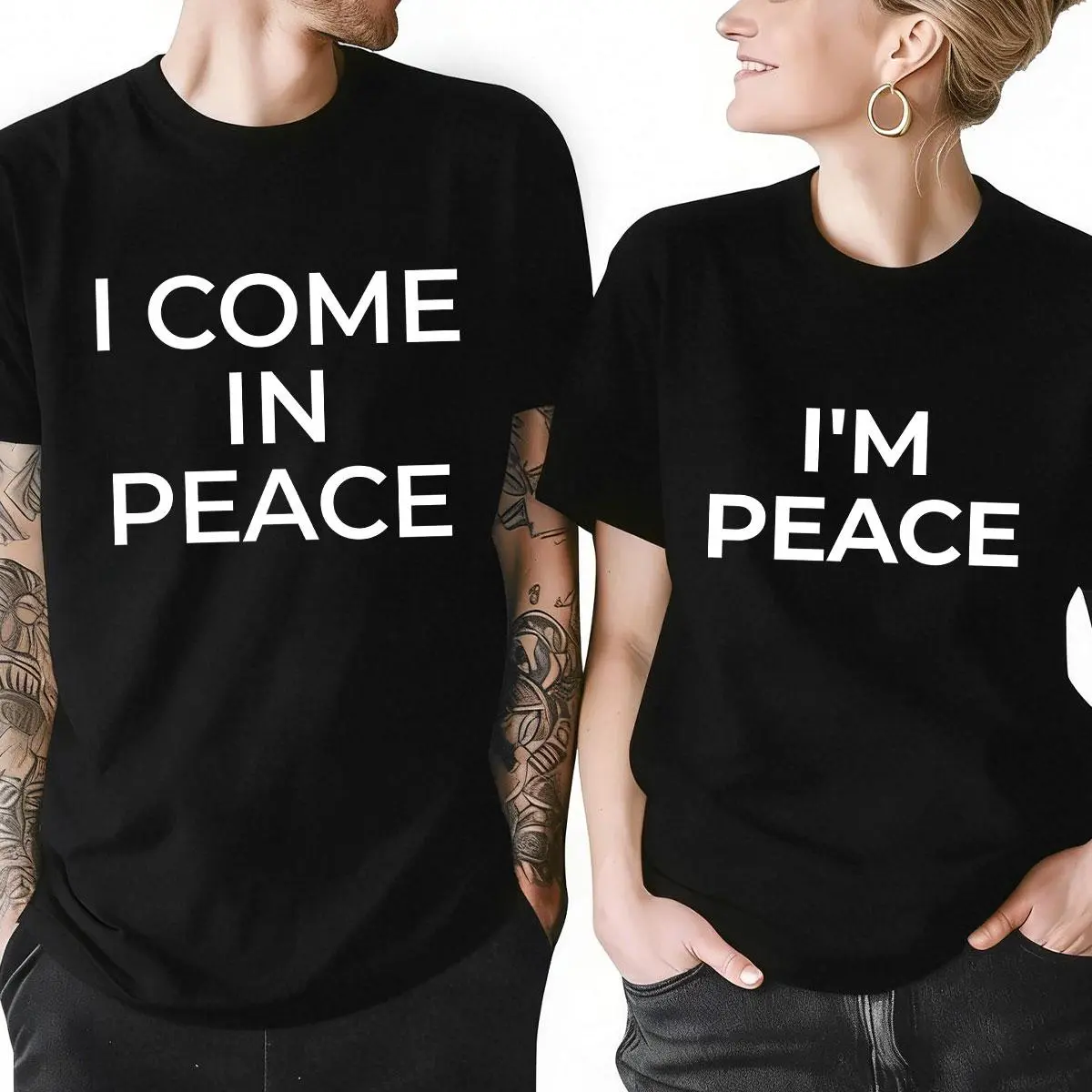 I Come In Peace Im Peace Funny Couple Shirts Boyfriend Girlfriend Fashion Valentine Day Gifts Anniversary Made In USA For Women For Men [Block Core Threads 180G/230G 100% cotton short-sleeve/hoodie, soft and comfortable]