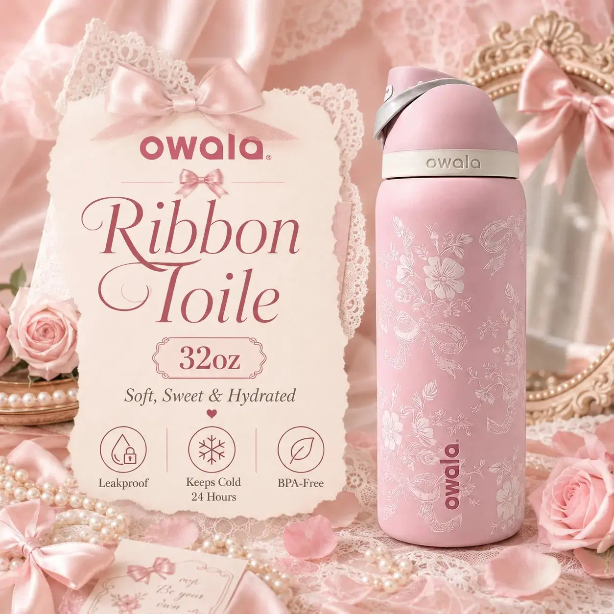 Owala Freesip 32oz Girl Pink Ribbon Toile UO Exclusive Water Bottle, Reusable Kitchen Drinkware Cup