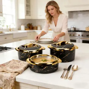 3-Piece Stylish Insulated Tableware Set, Imitation Marble Gold Pattern Stainless Steel Bowls with Lids, Hot Pot Food Containers, Lunch Boxes for Kitchen Dinners, Keeps Food Warm for Hours