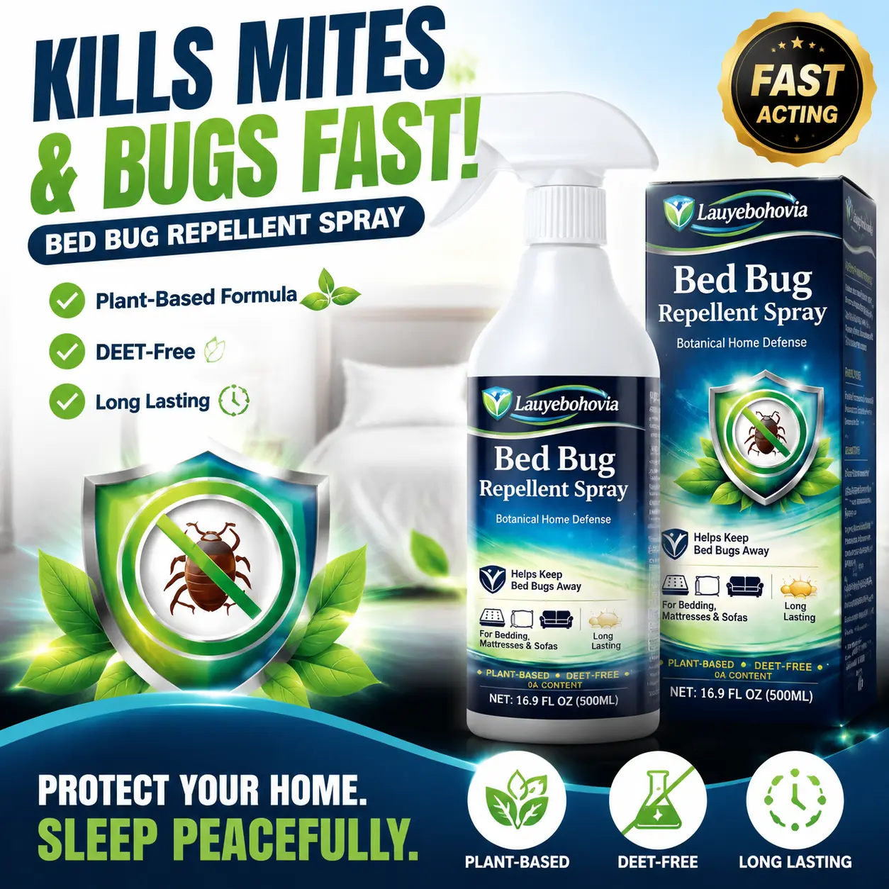 Bed Bug & Dust Mite Spray - 2-in-1 Anti-Parasiticide Insect-Free Pest Control (16.9 fl oz/500ml) for Bedding, Mattresses, Car Seats, Plush Toys (Targets Bed Bugs, Fleas & Mites)