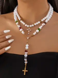 New Arrival Irregular Pearl Necklace Set, Versatile Cross Pendant Chain, Handmade Beaded Necklaces, Unique Simple Style Jewelry