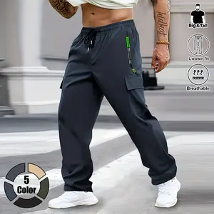 Men’s casual solid-color athletic pants — casual cargo pants with multiple flap pockets, drawstring waist, polyester fabric; outdoor work pants, running pants, casual cargo pants with pockets; 100% polyester, non-stretch solid color, regular fit work pant