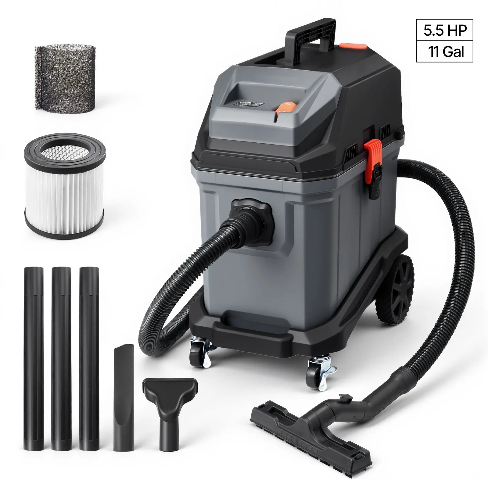 Commercial Wet Dry Shop Vacuum, 11 Gallon Capacity, 5.5 Peak HP Portable Vacuum with One-Button Self-Cleaning, 1350W Motor, 1.25-Inch x 7-Foot Hose, 20-Foot Cord, Industrial-Grade for Jobsite and Workshop