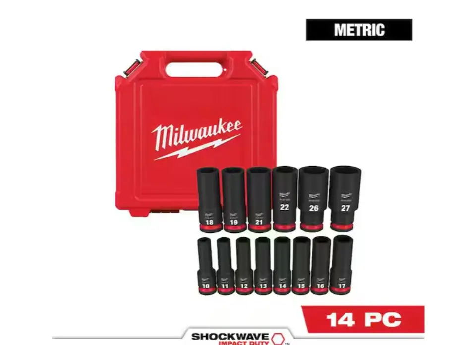 49-66-7014 105 Milwaukee SHOCKWAVE 1/2 in. Drive Metric Deep Well 6 Point Impact Socket Set (14-Piece)