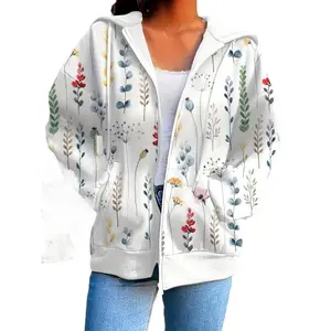 Women's Casual Long Sleeve Loose Fit Printed Hooded Jacket with Pockets