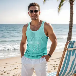 Summer Vacation Men's Tank Top - Teal Gradient Beach Palm Tree Line Art Sleeveless Shirt