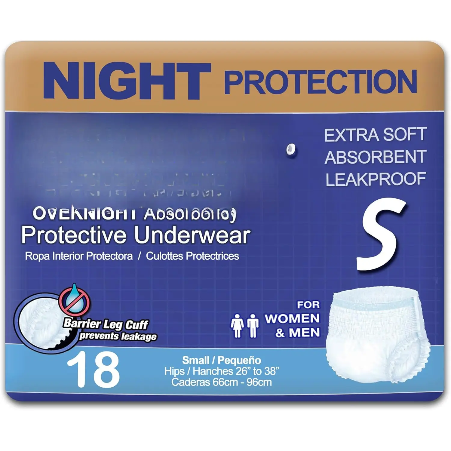Adult S  Underwear, Overnight Comfort Absorbency, Leak Protection, Small, 18-Pack