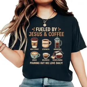 Fueled by Jesus and Coffee T-Shirt - Christian Faith Graphic Tee for Men and Women, Inspirational Religious Coffee Lover Gift, Vintage Short Sleeve Casual Shirt, Spiritual Scriptural Apparel