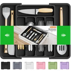 Medium Silverware Organizer, Adjustable & Expandable Utensil Drawer Organizer, BPA Free Utensil Holder, Cutlery Tray for Forks, Spoons, Knives in Kitchen, Black