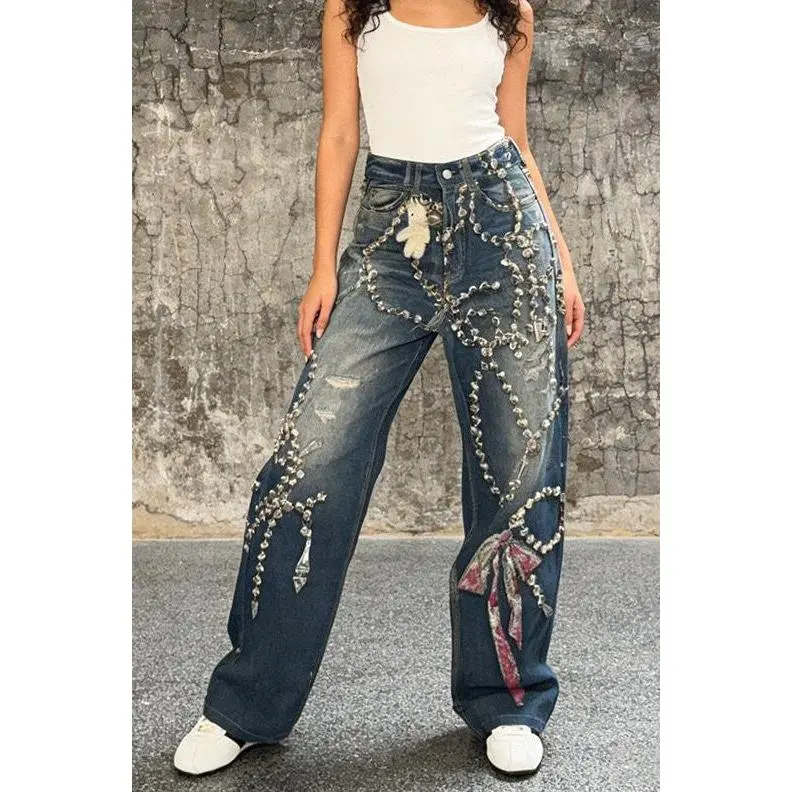 Jessica Bara Mako Beaded Wide Leg Jean Print Image Pants