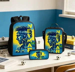 NJR Football Star Printed Backpack Three Piece Set Single Layer Backpack Lunch Bag Pencil Bag for Football Fans Students Daily Use School Travel Sports