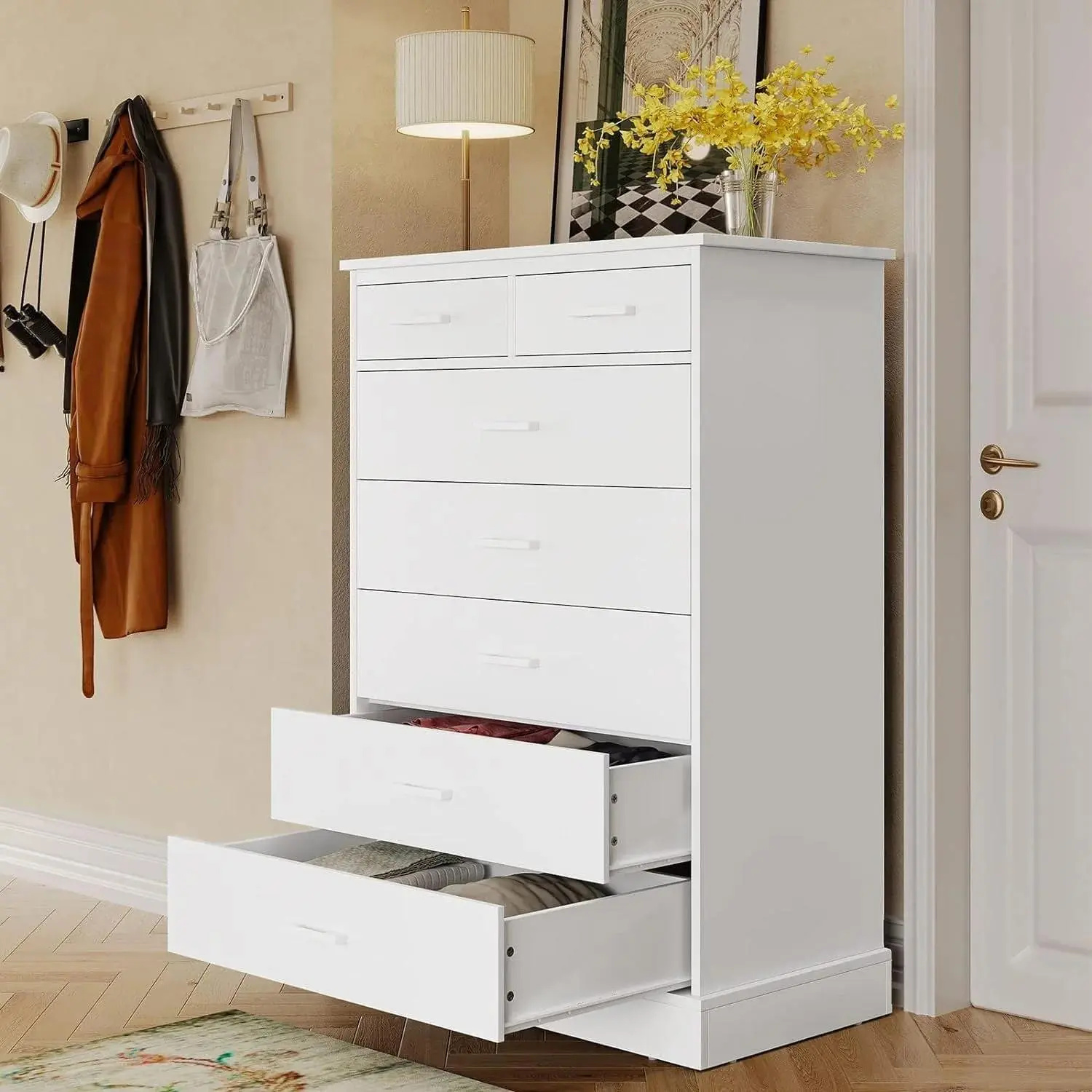 SIKAIC 7-Drawer Tall White Floor-Standing Dresser - Stable Chest of Drawers with Large Storage, Assembly Required for Modern Bedroom & Bedroom Decor Ideas