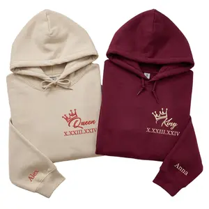 Custom King and Queen Embroidered Hoodies – Personalized Roman Numeral Matching Hoodies for Couple Gift, or Anniversary, Valentine Day