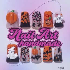 Delicatething Halloween Y2K Style Press-On Nails, Handmade Duck Shape, Pumpkin, Spider Web & Ghosts Design, Nail Art Decoration, ABS Resin, Perfect Gift for Women!