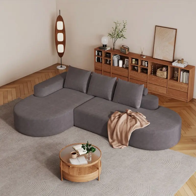 Modern Curved Chenille Sectional Sofa 108.5" L-Shaped Couch Set w/ 3 Pillows