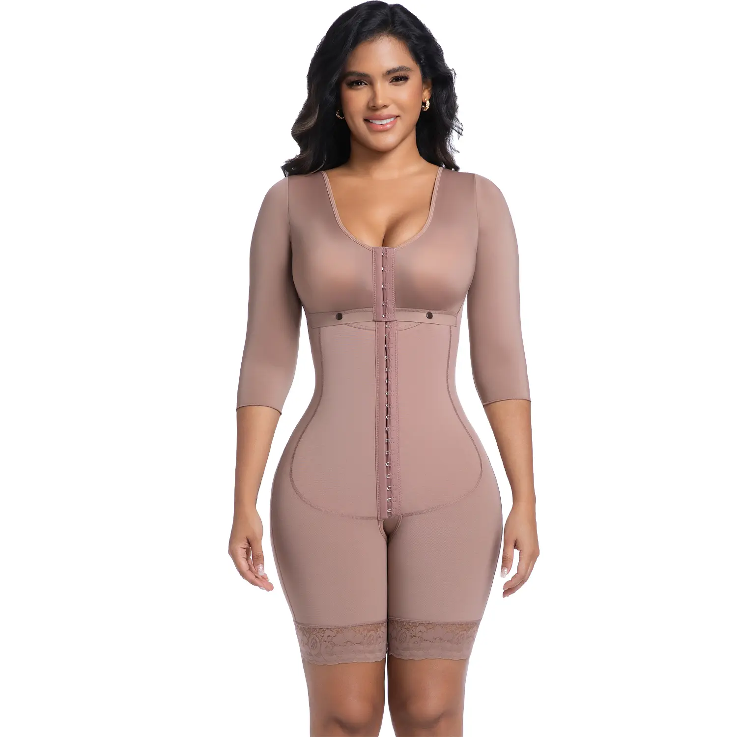 1 long sleeved women's shapewear with integrated buttons in the front three rows | crotch opening | hip lifting lace anti chest button design, 3D support elastic fabric on the hips, lace non slip straps on the legs, no displacement