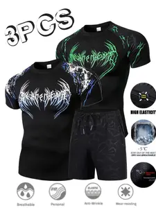 Men's Fashion Casual Sportswear Set, Running and Fitness, Breathable Mesh Print Short Sleeve Tee, Quick-Dry Clothing, Basketball Gear, Summer Shorts