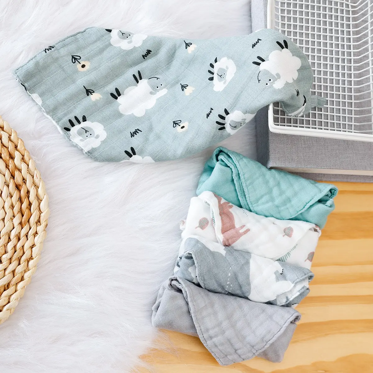 Baby Muslin Bib and Towel Set of 5, Soft Stylish Printed Bibs for Infants, Reusable Baby Feeding Accessories for Easy Clean Up, Muslin Burp Cloths, Infant Essentials