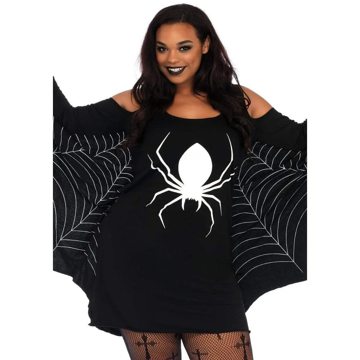 Women's Plus-Size Halloween Costume Dress - Stretchy Jersey Short Bell Dress with Cold Shoulder Long Sleeves, Scoop Neck, Spider Decals, Web Wings, Clothes & Accessories, Flattering Fit