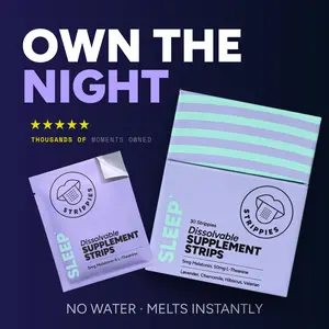Strippies SLEEP Strips | 5mg Melatonin + Valerian + L-Theanine | Fast Melt Sleep Strips | Fast-Acting, Clean Ingredients, No Pills (30 Strips)