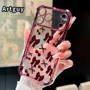 Compatible with Phone Case iPhone 17 Pro Max 16 15 Plus Air 14 13 12 11 Cherry Bows Pattern Transparent Full Coverage Four Corners Anti-drop Casing.HM129