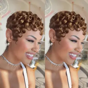 Women's 6" Short Curly Pixie Cut Human Hair Wig with Bangs - 180% Density Natural Brown/Blonde/Red/ - Machine-Made None Lace Front Wig Comfortable & Natural Look for Everyday Parties Formal Events - Easy Maintenance Short Hairstyle