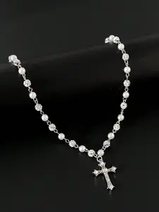 Vintage Stylish Simple Rhinestone Cross Decorated Imitation Pearl Necklace, Men's Hip Hop Punk Jewelry for Elegant Charm, Dangling Pearl Necklace, Dainty Pearl Necklace, Elegant Beaded Necklace, Faux Pearl Jewelry, Pearls Beaded