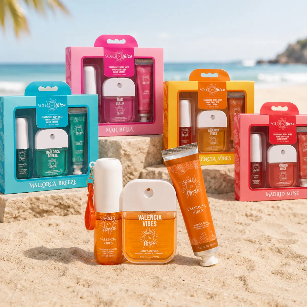 SOLO EN IBIZA Gourmand Scented Hand Care Multi-Pack Gift Box - Fragrance Set with Floral & Fruit Mist, Shea Butter Cream, Sanitizer - Long-Lasting Vanilla Notes, All Skin Safe, Cute Portable Travel-Size Daily Essential, Gift Guide for Her