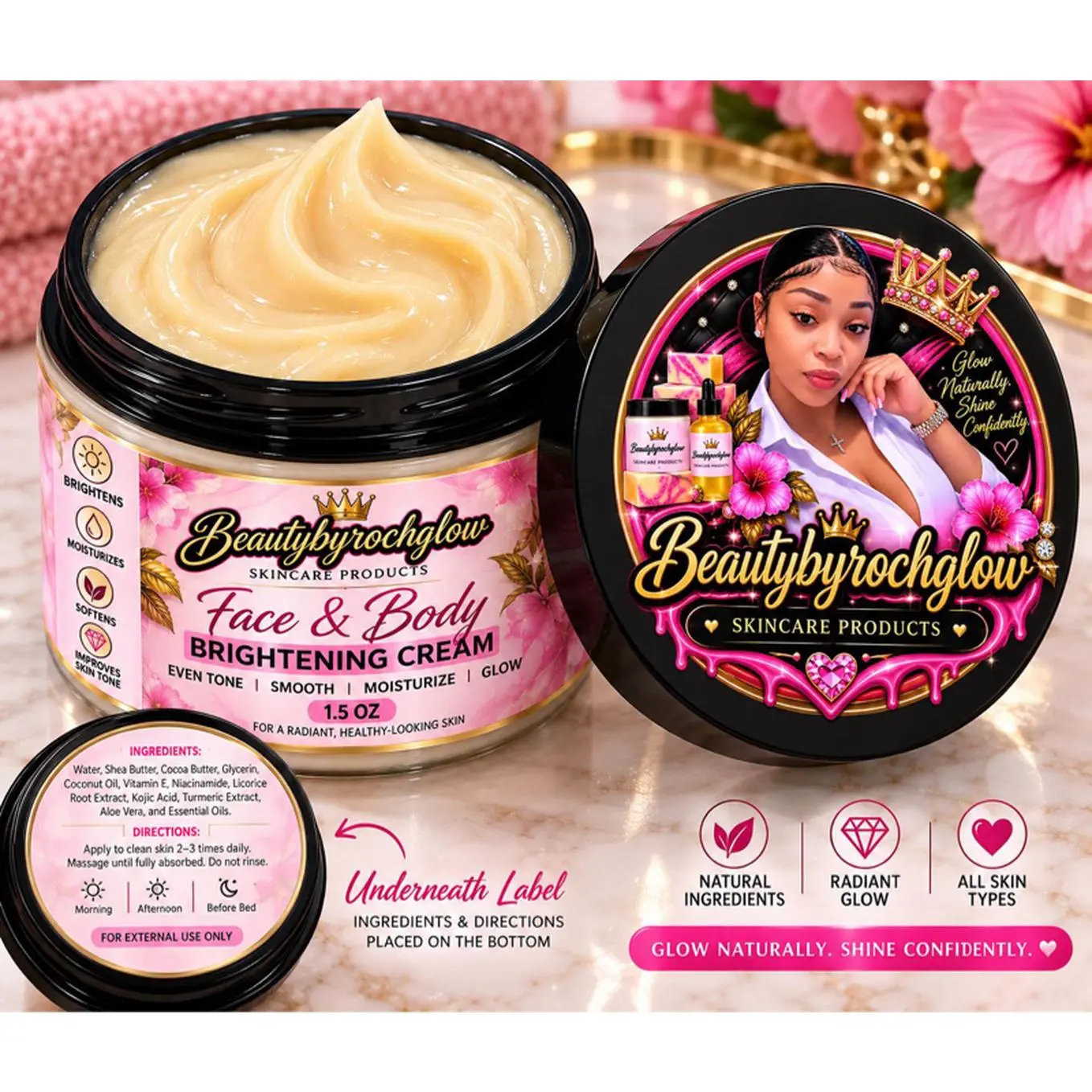 Beautybyrochglow Face & Body Brightening Cream 1.5 oz - Natural Ingredients for Even Tone Smooth Moisturize Glow All Skin Types