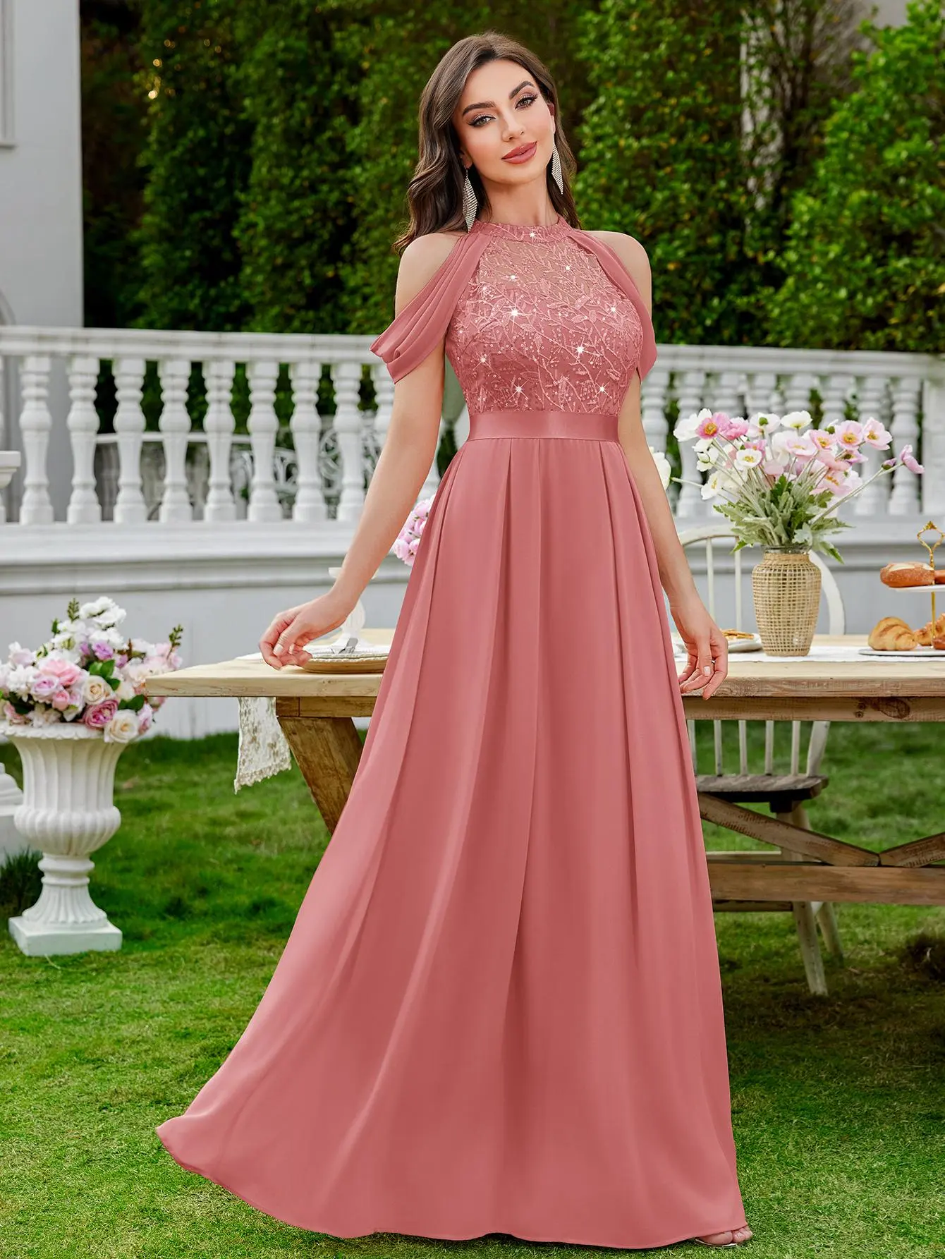 Miusol 25755A Women's Modest A-Line Formal Halter Neck Sequin-Embroidered Lace Off-Shoulder Chiffon-Sleeve Maxi Dress with Zip, Elegant Dresses for Women for Wedding Guest, Cocktail Events - TikTok Shop Miusol 25755A Women's Modest A-Line Formal Halter Neck Sequin-Embroidered Lace Off-Shoulder Chiffon-Sleeve Maxi Dress with Zip, Elegant Dresses for Women for Wedding Guest, Cocktail Events - TikTok Shop