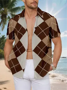 Men's Short-Sleeve Shirt - Flat Digital Print Pattern - No Texture - Diamond Check Pattern in Brown, Beige, and White, Fashionable and Simple Short Sleeve, Buttoned, Casual Collared Shirt, Stylish and Versatile, Suitable for Dates, Beach Vacations, a Perf