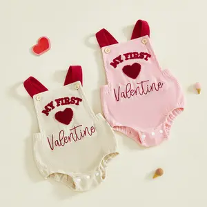Infant Baby Girl Boy Valentine’s Day Romper Sleeveless Heart Embroidery Bodysuit Newborn Overalls 0-18 Months