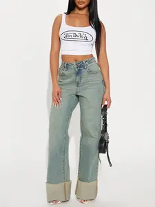 All The While Cuffed Wide Leg Jeans - Vintage Wash