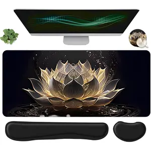 4pcs Gold Lotus Elegant Design Mouse Pad + Keyboard Wrist Rest + Ergonomic Mouse Pad + Coaster Set For Desktop Decoration, Office Accessories Set Ergonomic Wrist Support, Computer Mat Mouse Pad Coaster Suitable For Home Office Gaming, Gaming Mouse Pads