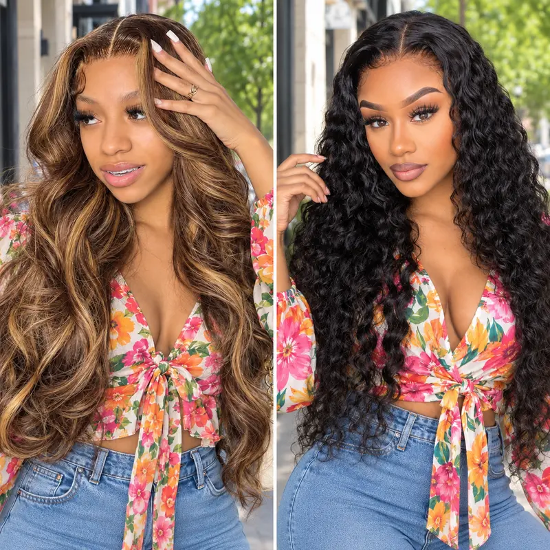 [LIVE 13x4 Combo: 2 Women’s Human Hair Wigs] 13x4 HD Transparent Lace Front Wigs, 22-30 Inch 2-Pack Buy 1 Get 1 Free, Body Wave, Deep Wave & Straight, Pre-Plucked with Baby Hair, 180% Density Natural Black