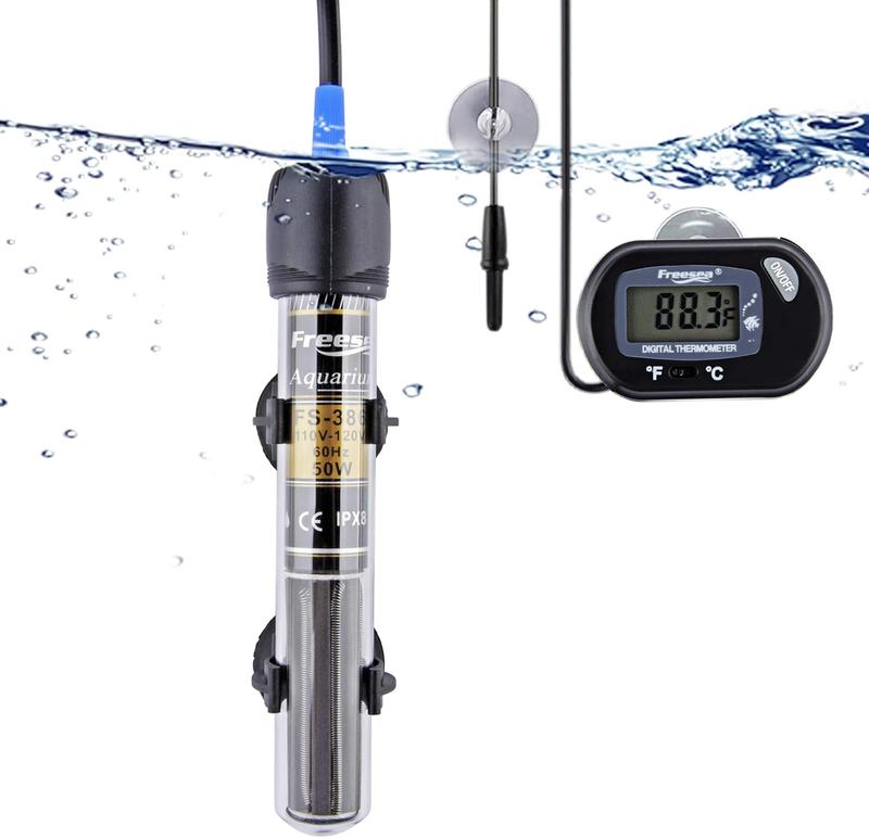 FREESEA 50 Watt Aquarium Submersible Betta Heater with Aquarium Submersible Thermometer Marine Aquarium Heater with LED Controller Submersible Quartz Submersible Aquarium Super Mini Adjustable Aquarium Adjustable USB Stainless Steel
