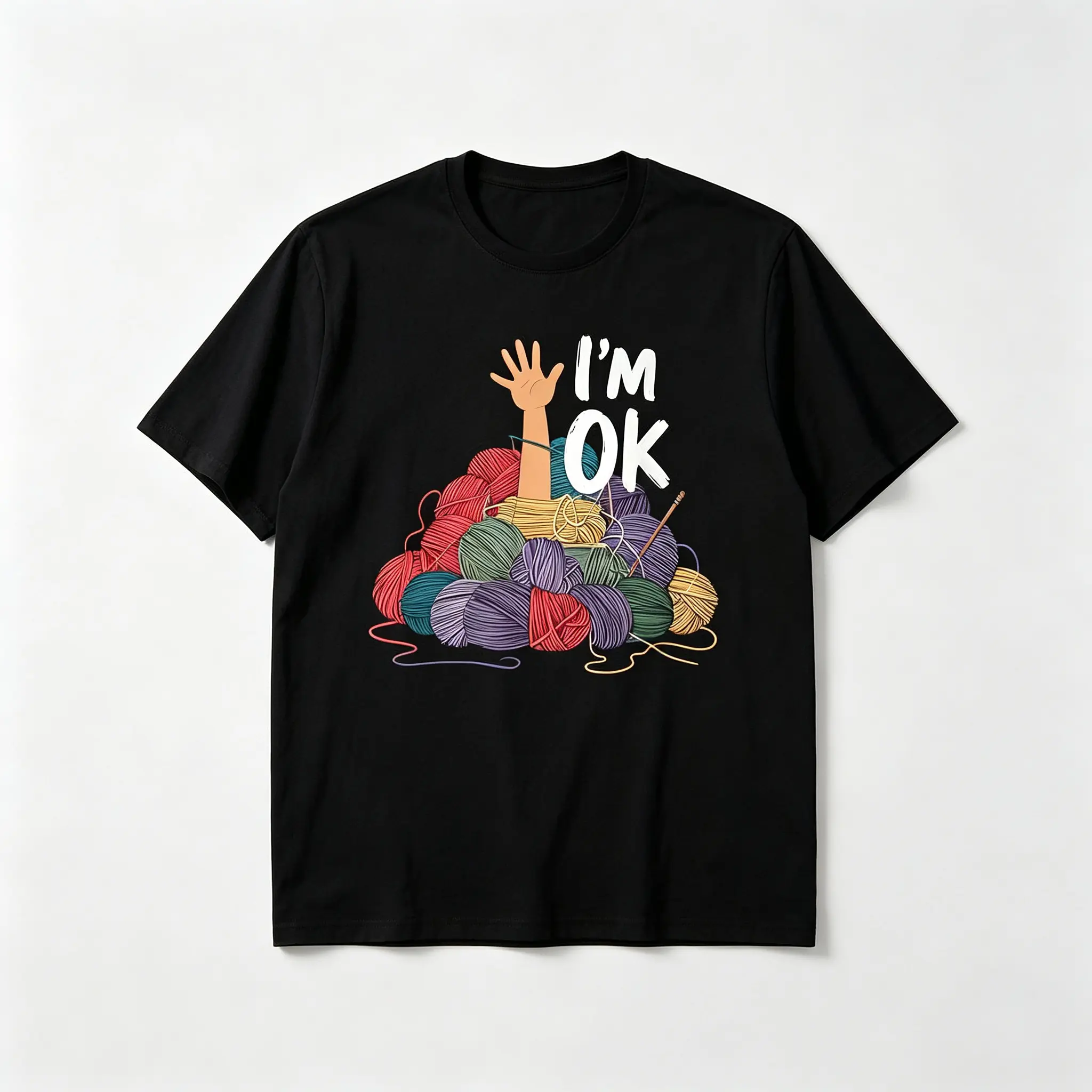 Women's "I'm OK Knitting Yarn Ball" Funny Crochet Lover Graphic Short Sleeve T-Shirt - Casual Crew Neck Tops, Shortsleeve