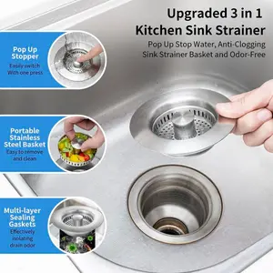 Kitchen sink strainer pop-up core, vegetable washing basin, sink, leak-proof plug, pop-up drain, stainless steel
