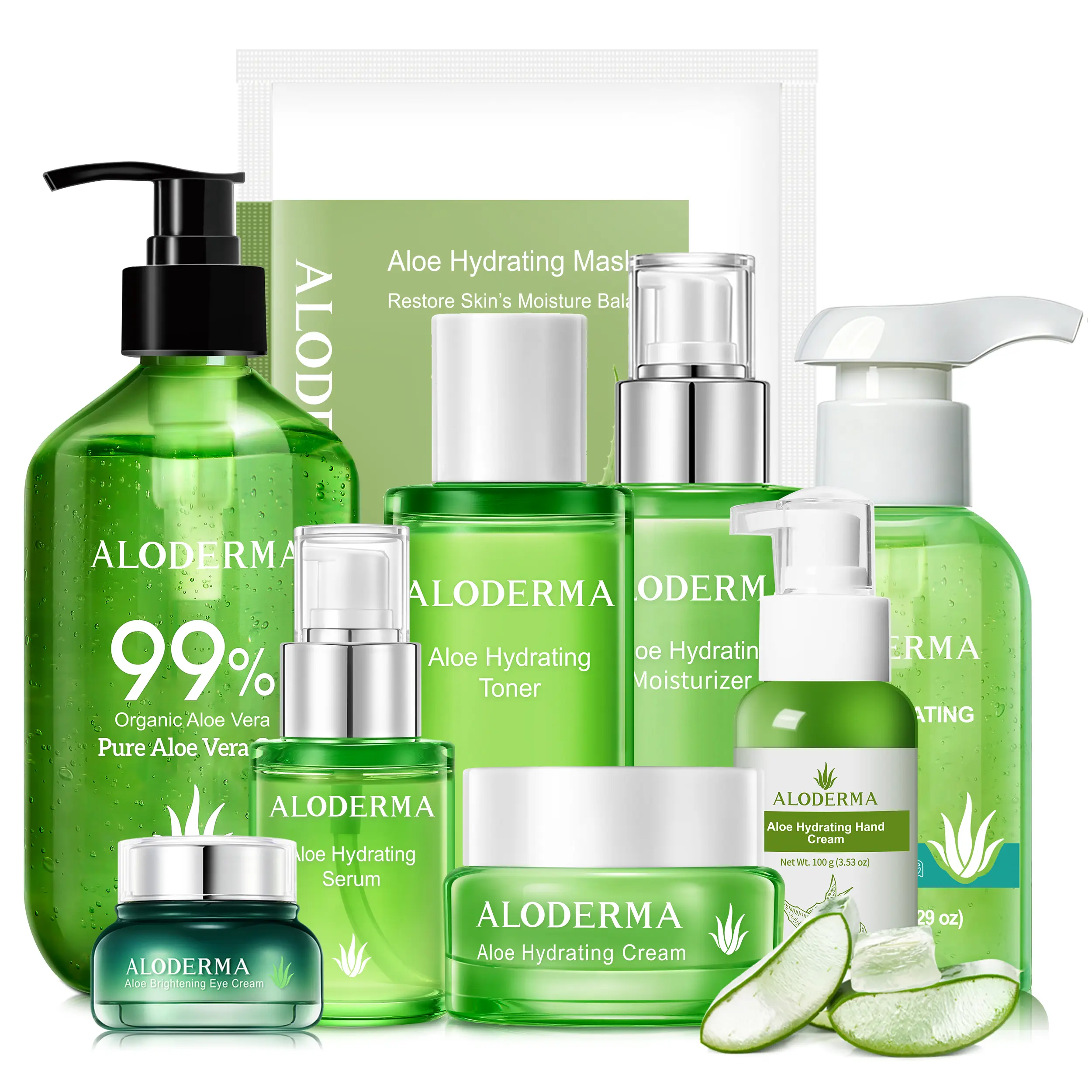 ALODERMA Ultimate Aloe 9-Piece Skincare Set with Hyaluronic Acid to Nourish and Hydrate Skin, Includes Face Masks and Nourishing Hand Cream, Moisture, Gel