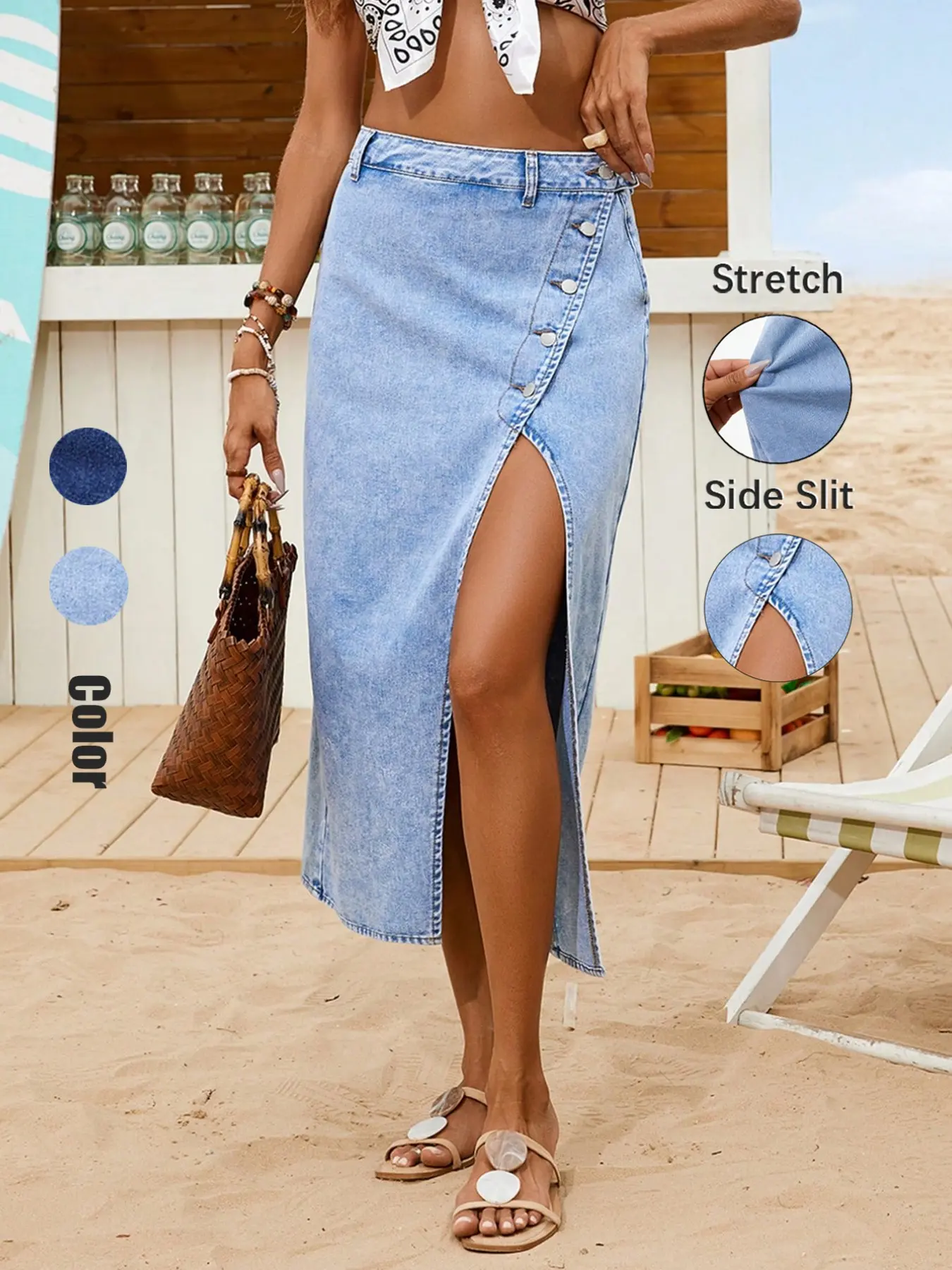 Women Denim Skirt Light Wash Fit Fitted Casual Vacation Sexy Side Slit, Split Hem Skirt, Casual Pocket Button, Stretch Fabric Stretchy Skirt for Daily Wear, Ladies Bottoms for All Seasons, Casual Fashion Skirt, Stretch Skirts