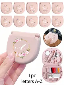Portable Mini Sewing Kit with Flower Initials, Alphabet Letter Options A-Z, Ideal Beginner DIY Accessory & Travel Companion