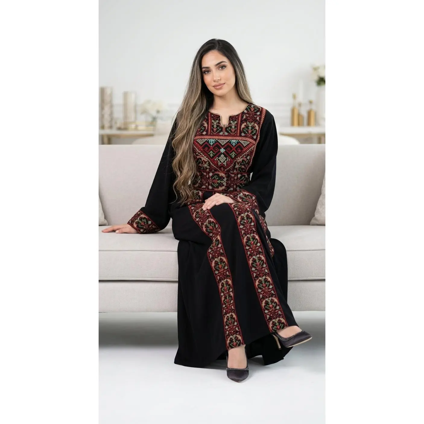 Black & Red Embroidered Thobe Dress – Traditional Occasion Dress