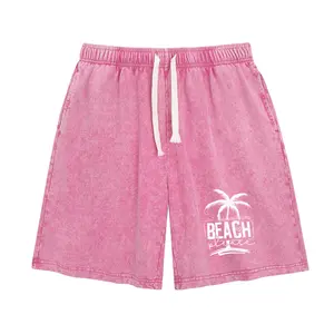 Holafish Summer Vintage Coconut Tree Printed Acid Wash Sweat Shorts, Unisex Casual Streetwear Bottoms with Drawstring and Convenient Pockets baggy comfy