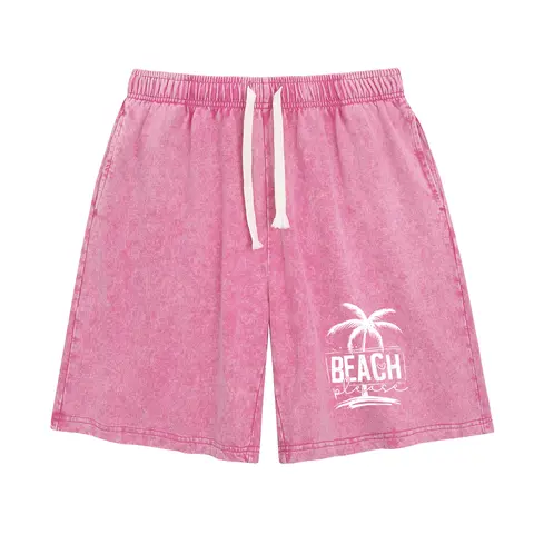 Holafish Summer Vintage Coconut Tree Printed Acid Wash Sweat Shorts, Unisex Casual Streetwear Bottoms with Drawstring and Convenient Pockets baggy comfy