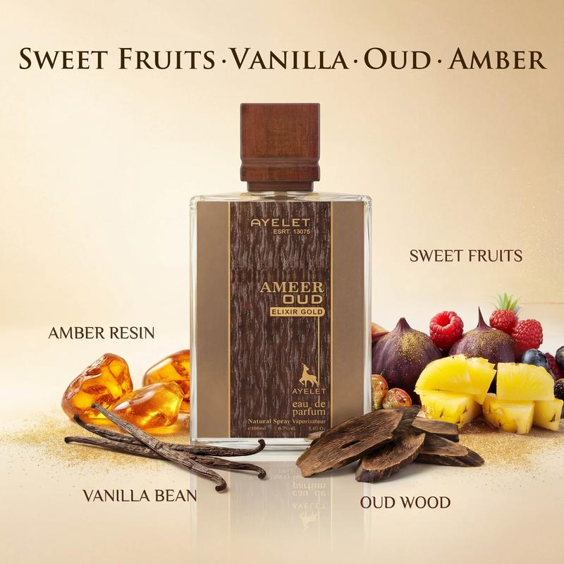 AMEER OUD Elixir Gold Eau de Parfum 100ml - Warm Sweet Amber Oud Fragrance for Men, Long-Lasting Woody Aroma, Perfect Gift Choice