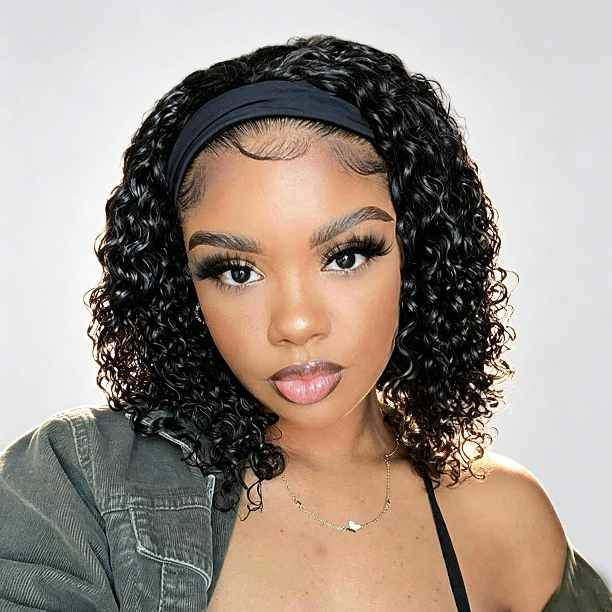 Kinky Curly Headband Wig Human Hair None Lace Front Wigs Burmese Curly 3 in 1 Half Wig for Black Women Brazilian 100% Virgin Hair Machine Made Wigs Deep Wave Glueless Protective Style Easy Wear Glueless Wigs for Daily Wear, Natural Hairline Fusion