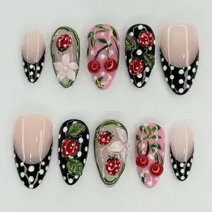 Black White French Polka Dot 3D Translucent Ladybug Cherry Flower Press On Nails, Sweet Retro Style Removable Press On False Nails. Perfect for girls' holiday, party, gathering and daily fashion outfits, comes with jelly glue and nail file.