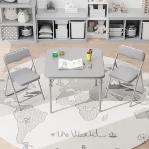 Grey-Boys and Girls Folding Table and Chair Set of 3, Featuring a Portable Table and Chairs with Soft Pu Cushions. No Assembly is Required, Perfect for Eating, Reading and Playing, Grey.